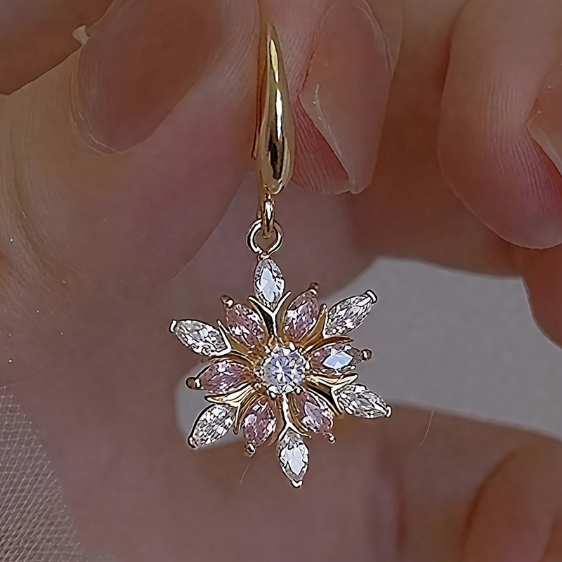Women's Exquisite Pink Zirconia Snowflake Hook Earrings, Party